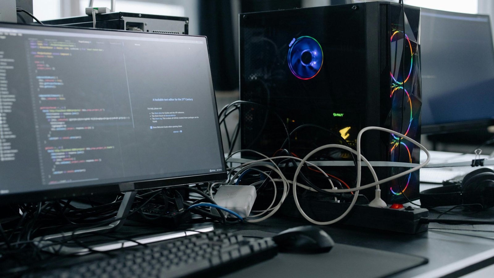 A modern workspace featuring a computer monitor with code, a PC tower, and peripherals.